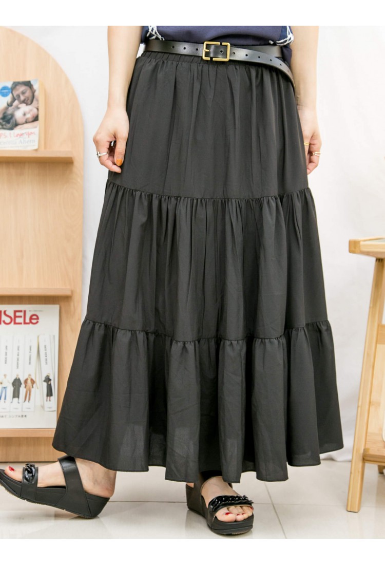 2215-1048-layer- 層層打摺 ‧ 橡根腰 ‧ 滑滑料半截裙 (有厘布) (韓國) 